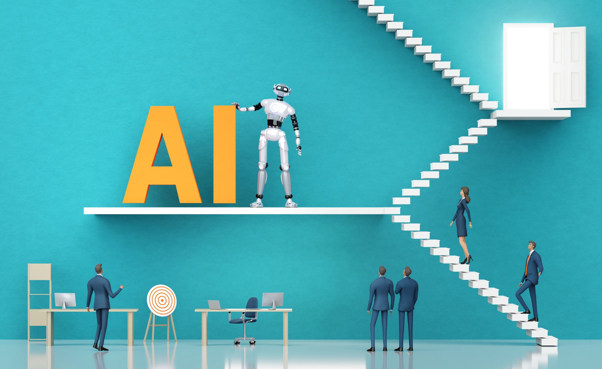 Robots, artificial intelligent being introduced to business people, People working and cooperating with robots and AI. 3D render illustration